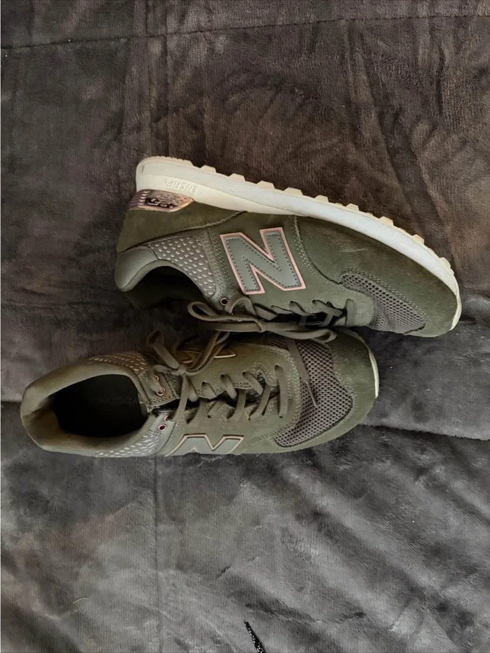 New Balance Olive Green Athletic Sneakers with Pink Trim